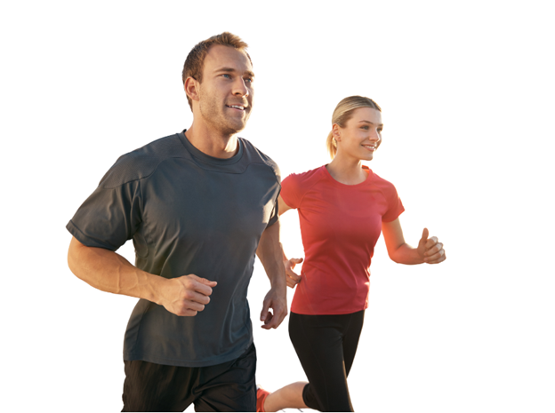 This image shows two people running together, with the man leading slightly ahead of the woman. They are both wearing athletic attire and appear to be engaged in a jogging activity.