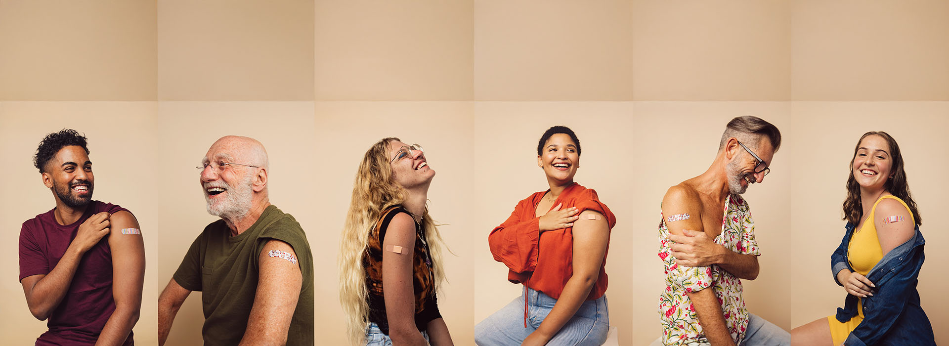 The image shows a collage of eight separate photographs featuring individuals with various expressions and poses, all smiling at the camera  each person is uniquely dressed and positioned, suggesting a theme of diversity and positivity.