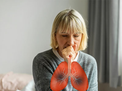 The image features a woman with short hair, wearing a white top, seated indoors, holding her nose and looking downward while a graphic of a red heart with electrical lines within it appears above her chest.